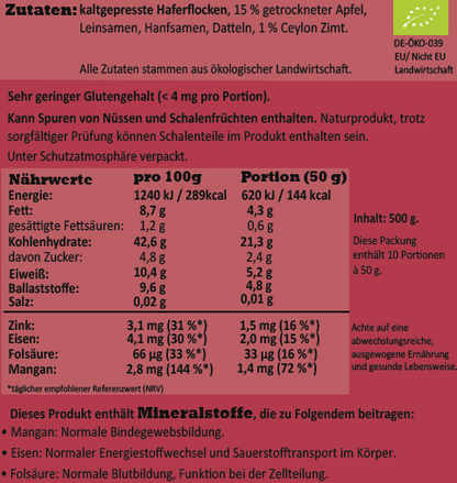 Nährwerte des kaltgepressten Porridge Apfel-Zimt von der Marke Haferreich.