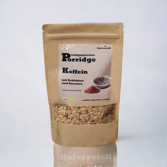 Verpackung von kaltgepresstem Porridge in der Sorte Koffein mit Guarana aus frisch geflockten Haferflocken von der Marke Haferreich.