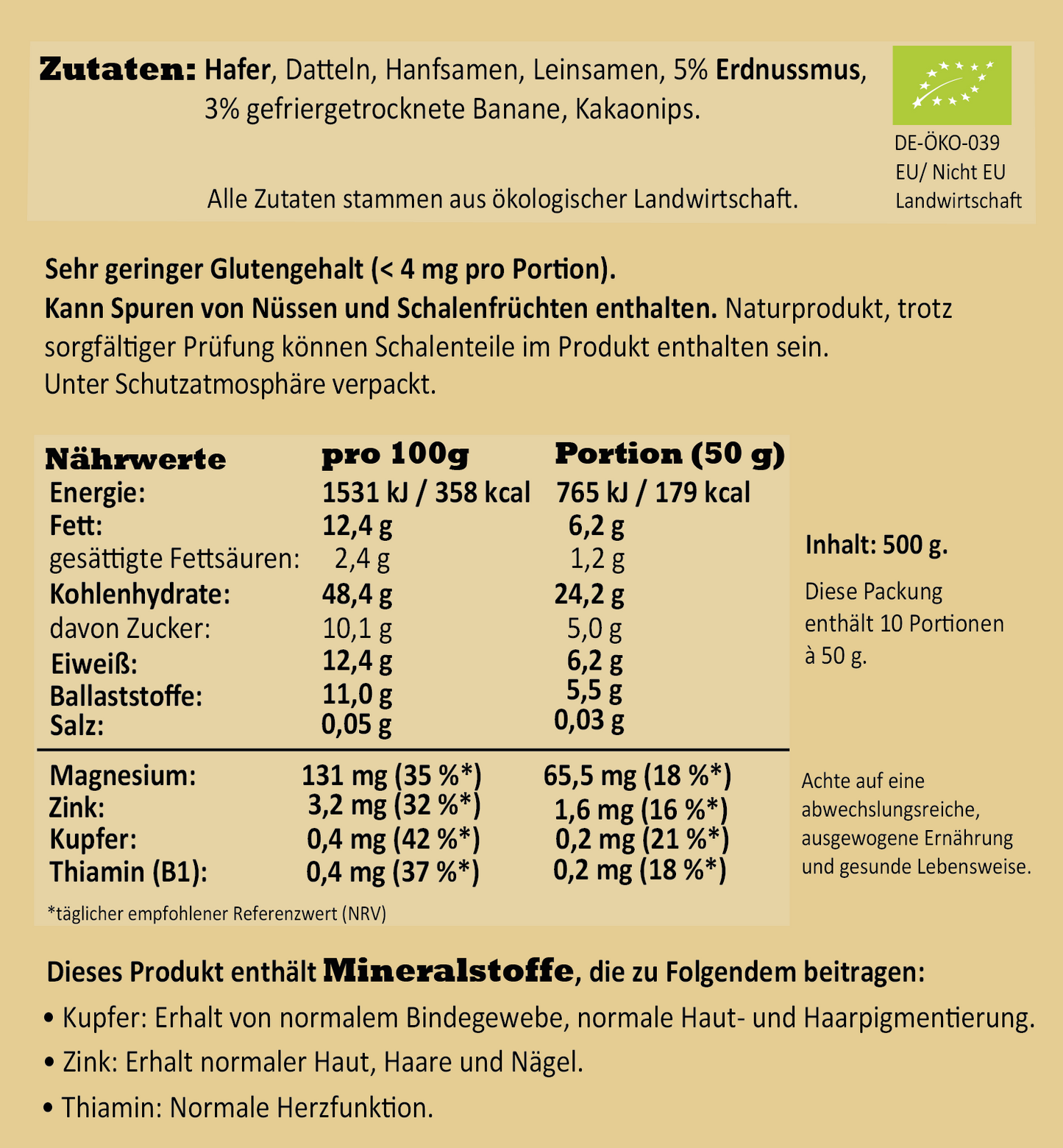 Nährwerte und Zutaten des Banane Erdnuss Porridge in Bio-Qualität von Haferreich