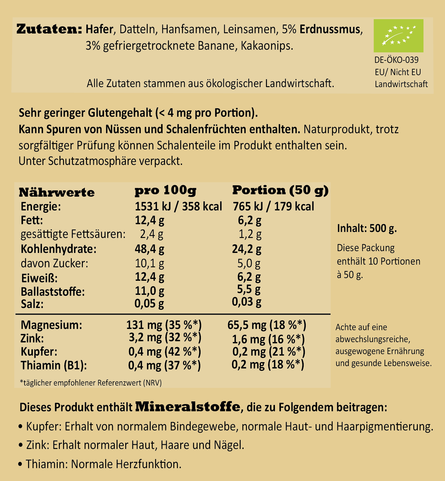 Nährwerte und Zutaten des Banane Erdnuss Porridge in Bio-Qualität von Haferreich