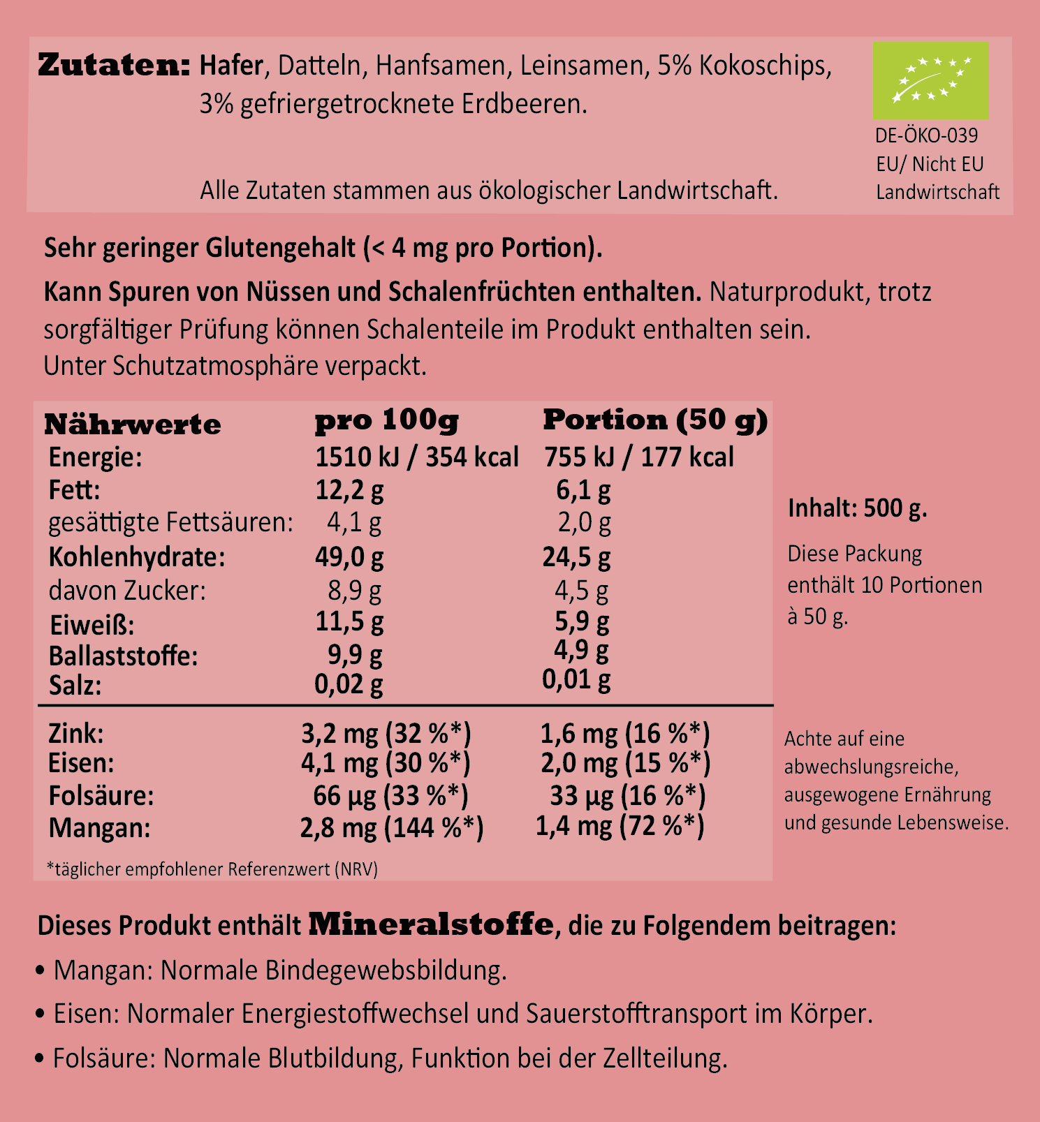 Nährwerte und Zutaten des Erdbeer Kokos Porridge in Bio-Qualität von Haferreich