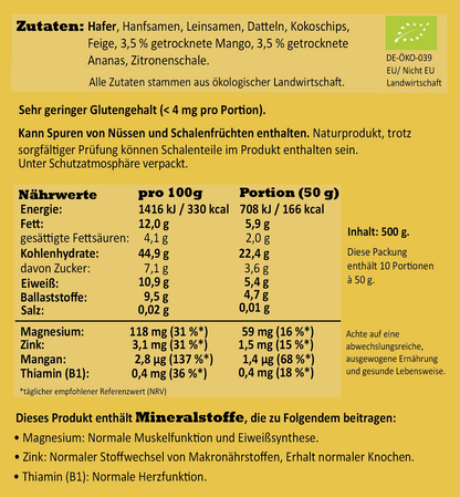 Nährwerte und Zutaten kaltgepresstes Porridge Exotik in Bio-Qualität von Haferreich