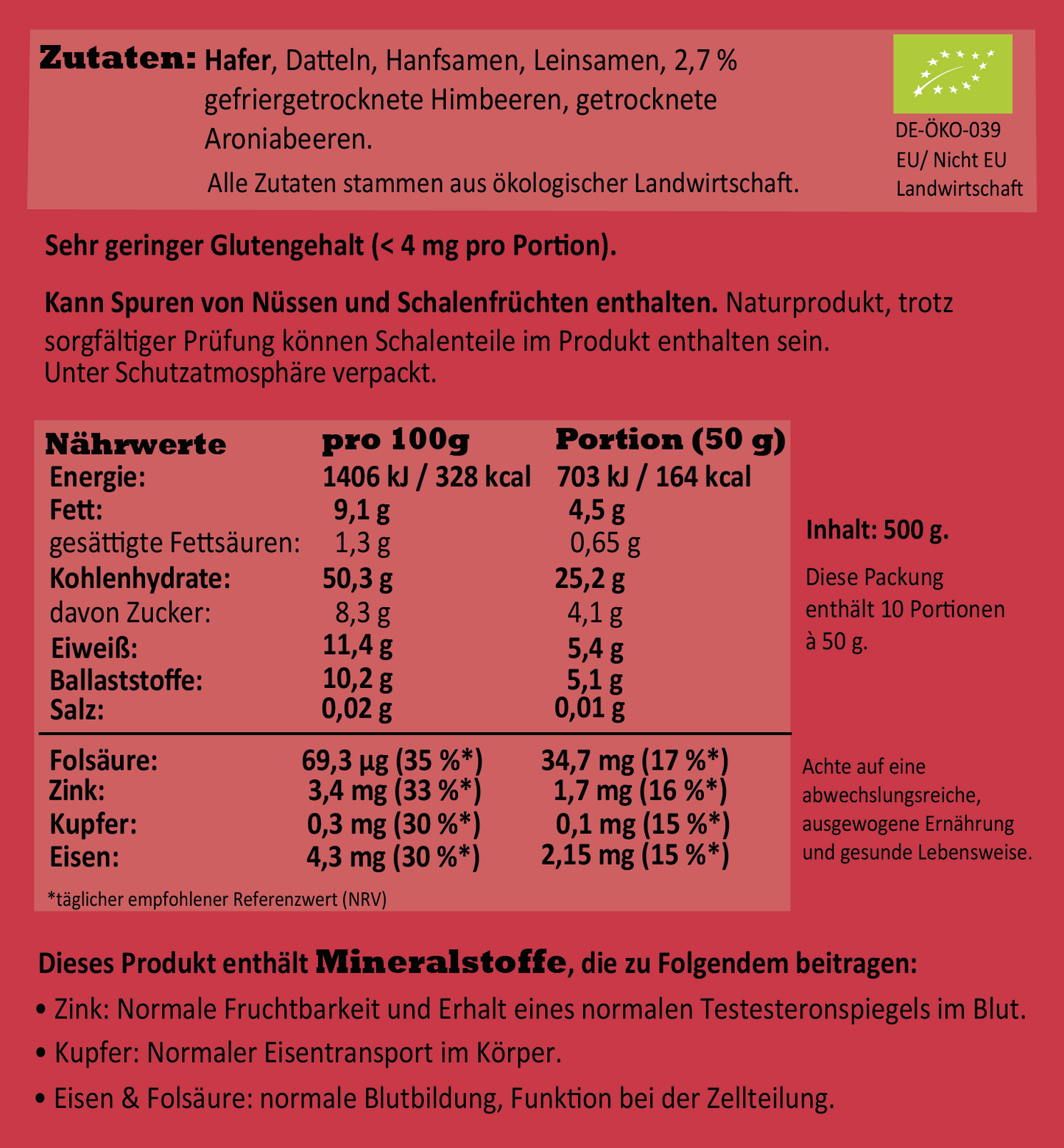  Nährwerte und Zutaten des Himbeere Porridge in Bio-Qualität von Haferreich