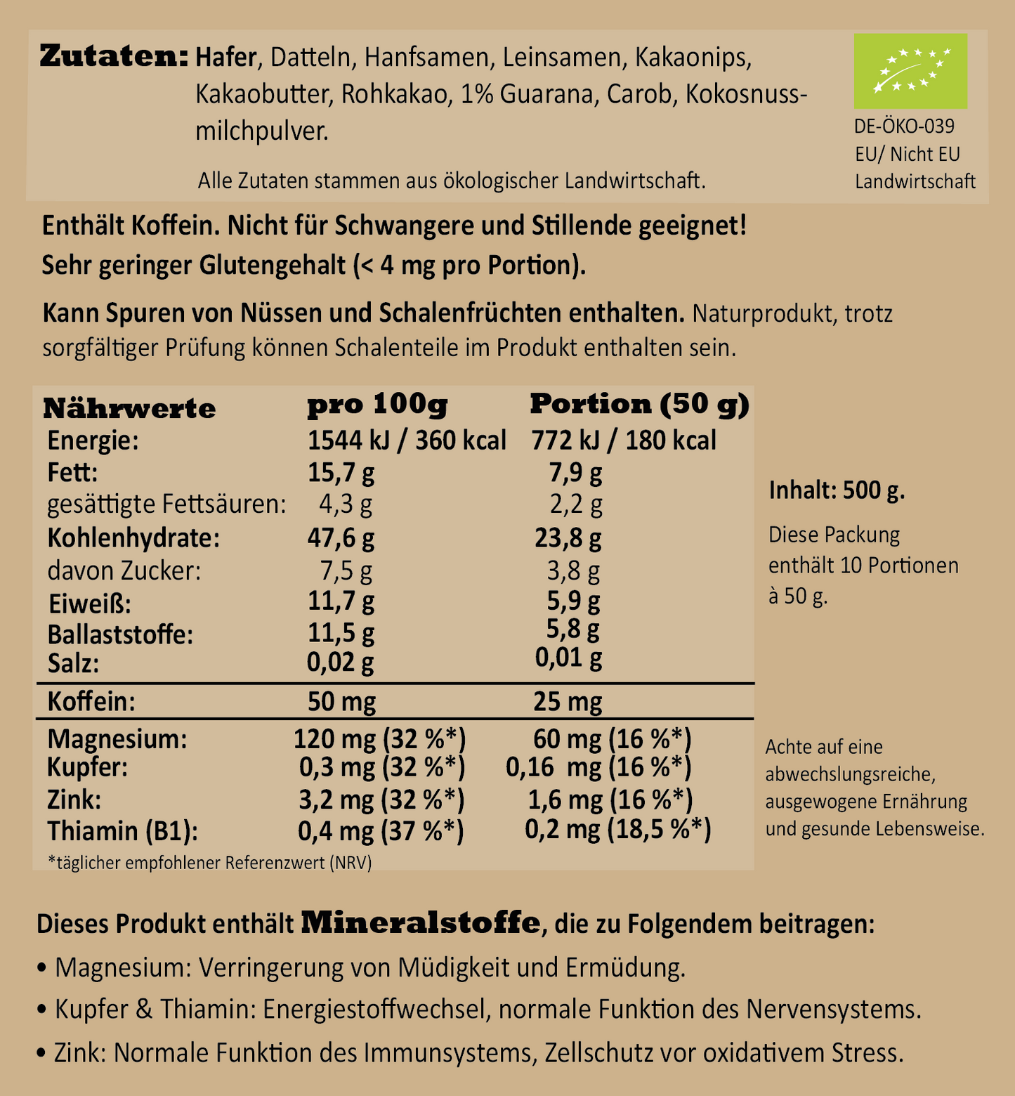 Nährwerte und Zutaten Koffein-Porridge von Haferreich