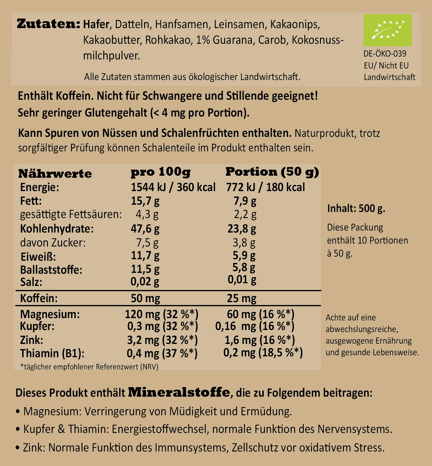 Nährwerte und Zutaten Koffein-Porridge von Haferreich