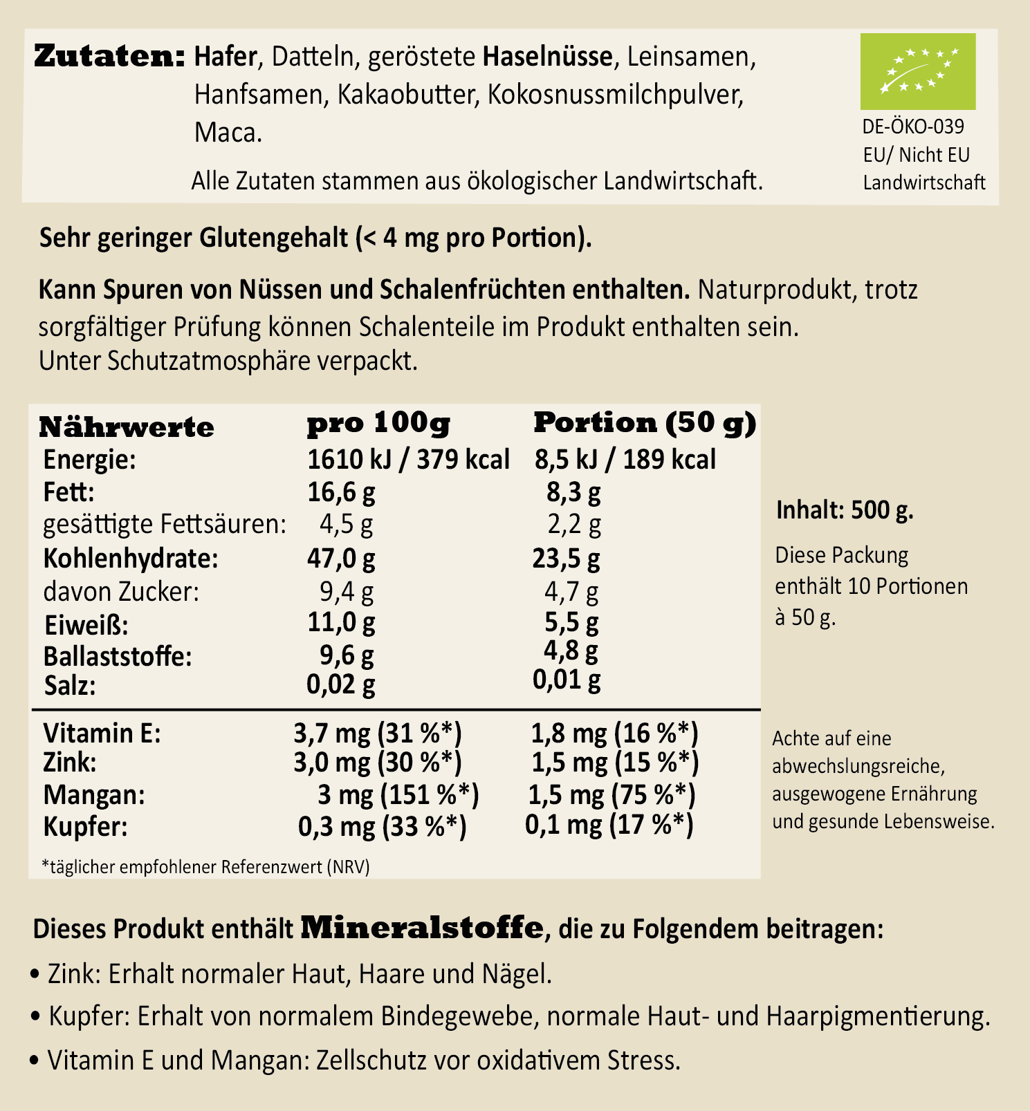 Nährwerte und Zutaten des White Chocolate Porridge in Bio-Qualität von Haferreich